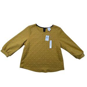 Gray LA Mustard Polka Dot Textured Womens Top Large 3/4 Sleeve Crewneck Casual